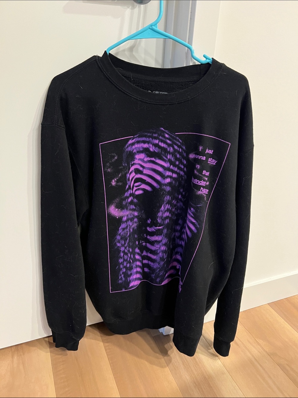 Black Crewneck Sweater with Purple Graphic Print - Women